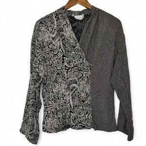 Vintage Grey Black Asymmetrical Paisley Patterned Long Sleeve Blouse Whimsigoth